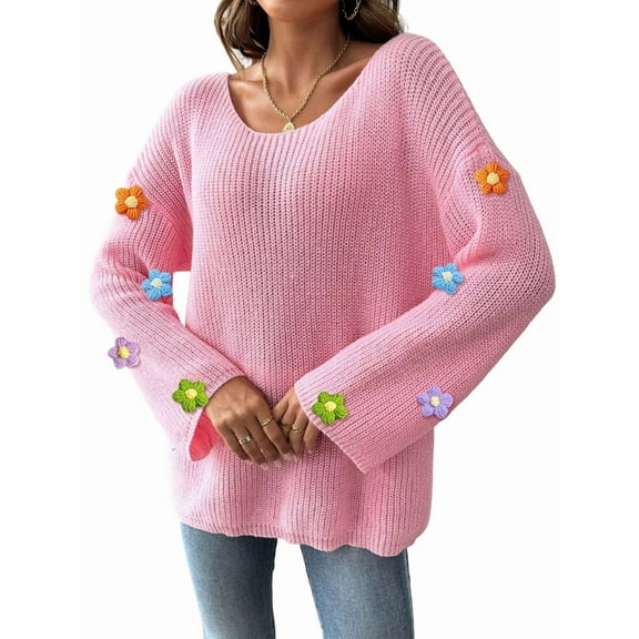 Women'S Long Sleeve Off the Shoulder Sweaters 2025 Casual Ribbed Knit Flower Loose Slouchy Pullover Tops Pink L