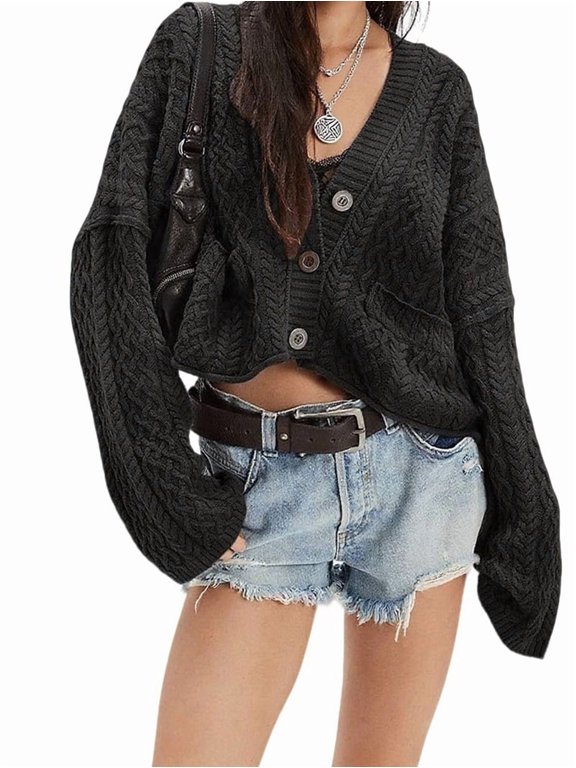 Women'S Long Sleeve Open Front Cable Knit Crop Cardigan V Neck Button Sweaters with Pockets Black L
