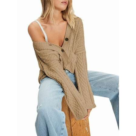 Women'S Long Sleeve Open Front Cable Knit Crop Cardigan V Neck Button Sweaters with Pockets Khaki L