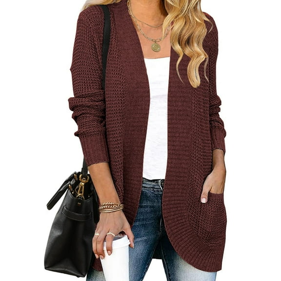Women'S Long Sleeve Open Front Cardigan Chunky Knit Draped Sweaters Outwear Rust Red M
