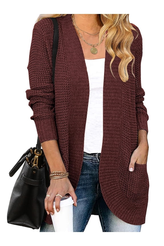 Women'S Long Sleeve Open Front Cardigan Chunky Knit Draped Sweaters Outwear Rust Red L
