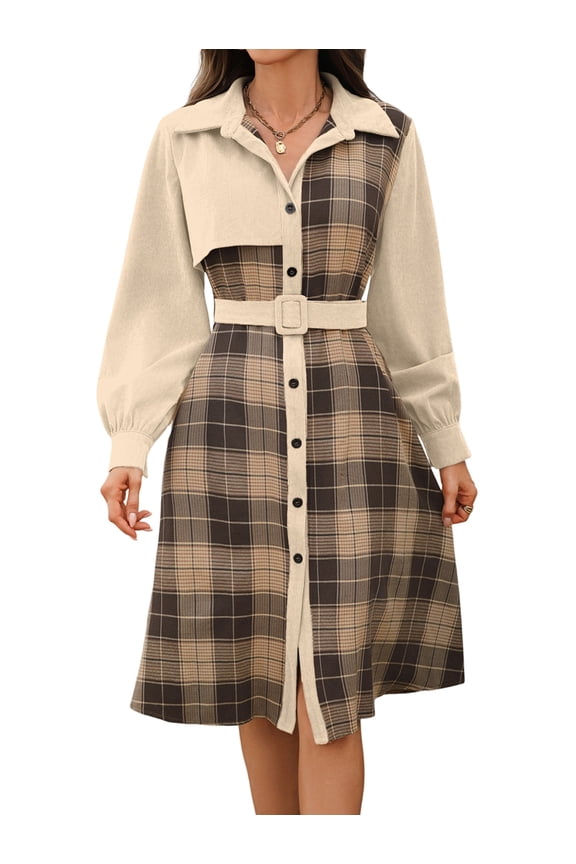 Women'S Long Sleeve Plaid Pattern Tunic Tops Shirt Retro Style Casual Dress Apricot L