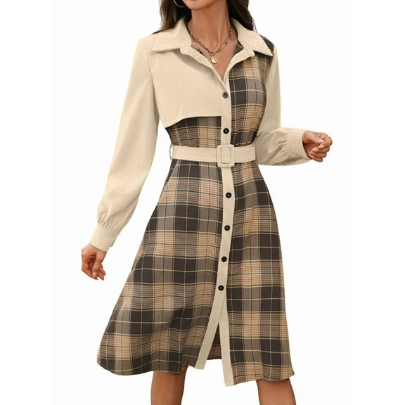 Women'S Long Sleeve Plaid Pattern Tunic Tops Shirt Retro Style Casual Dress  L