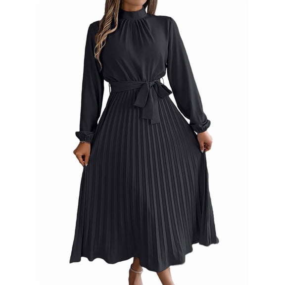 Women'S Long Sleeve Pleated Dress Casual Semi Formal Church Dress Mock Neck A Line Flowy Midi Dresses with Belt Black L