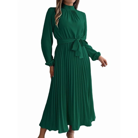 Women'S Long Sleeve Pleated Dress Casual Semi Formal Church Dress Mock Neck A Line Flowy Midi Dresses with Belt Green XL