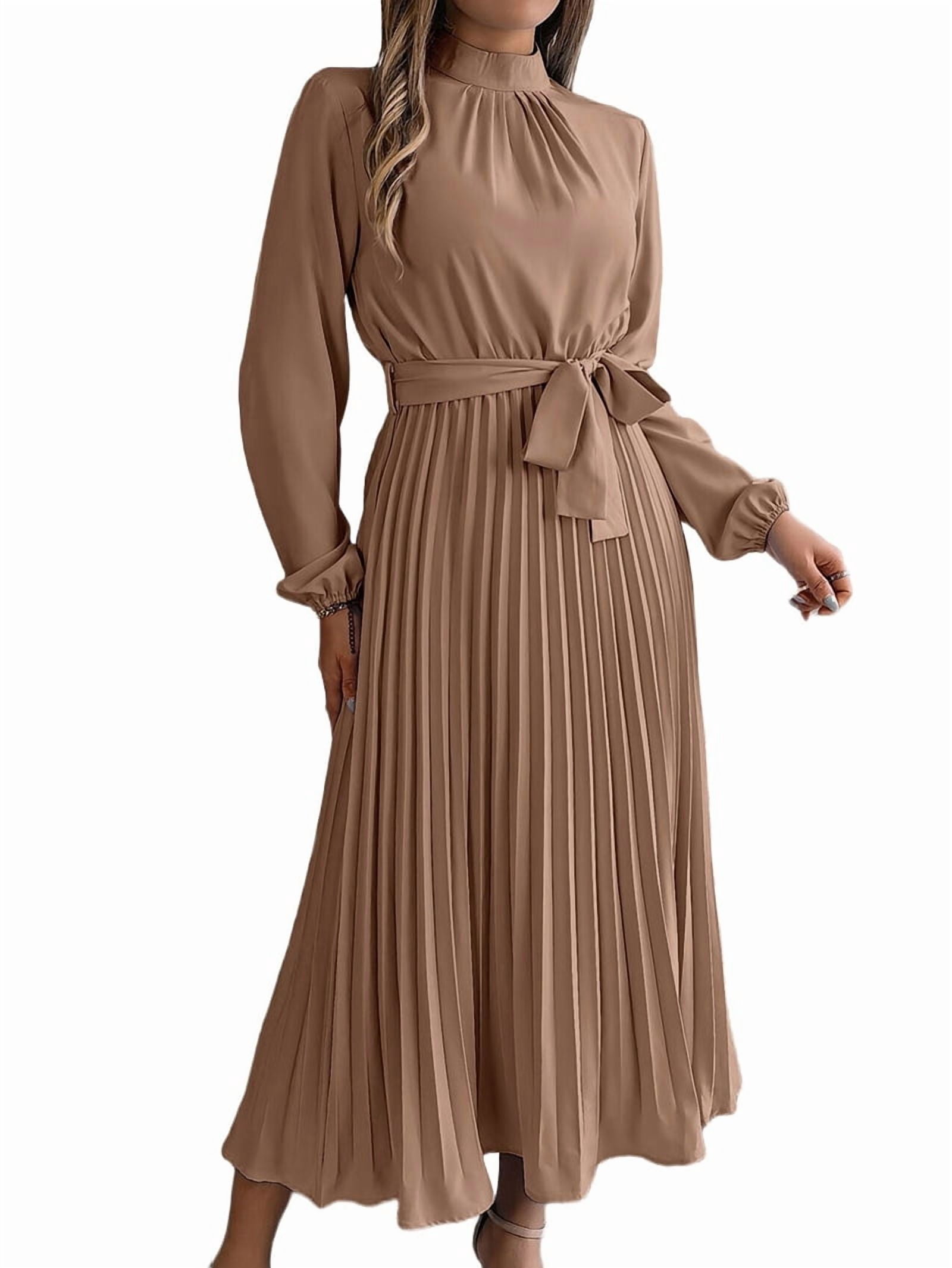 semi formal church dresses Women'S Long Sleeve Pleated Dress Casual Semi Formal Church Dress Mock Neck  A Line Flowy Midi Dresses with Belt Khaki L