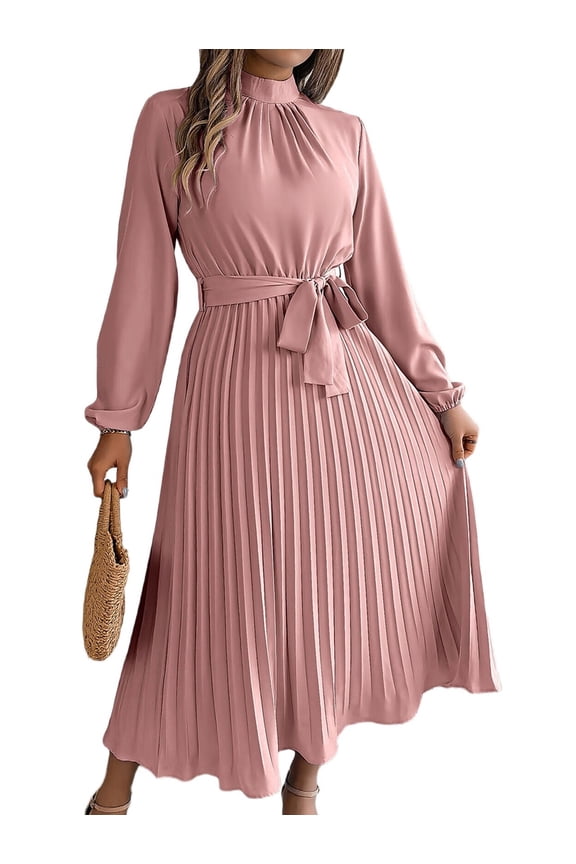 Women'S Long Sleeve Pleated Dress Casual Semi Formal Church Dress Mock Neck A Line Flowy Midi Dresses with Belt Pink M