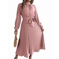 thumbnail image 1 of Women'S Long Sleeve Pleated Dress Casual Semi Formal Church Dress Mock Neck A Line Flowy Midi Dresses with Belt Pink XL, 1 of 9