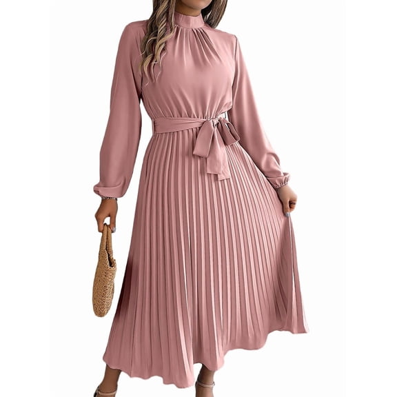 Women'S Long Sleeve Pleated Dress Casual Semi Formal Church Dress Mock Neck A Line Flowy Midi Dresses with Belt Pink XL