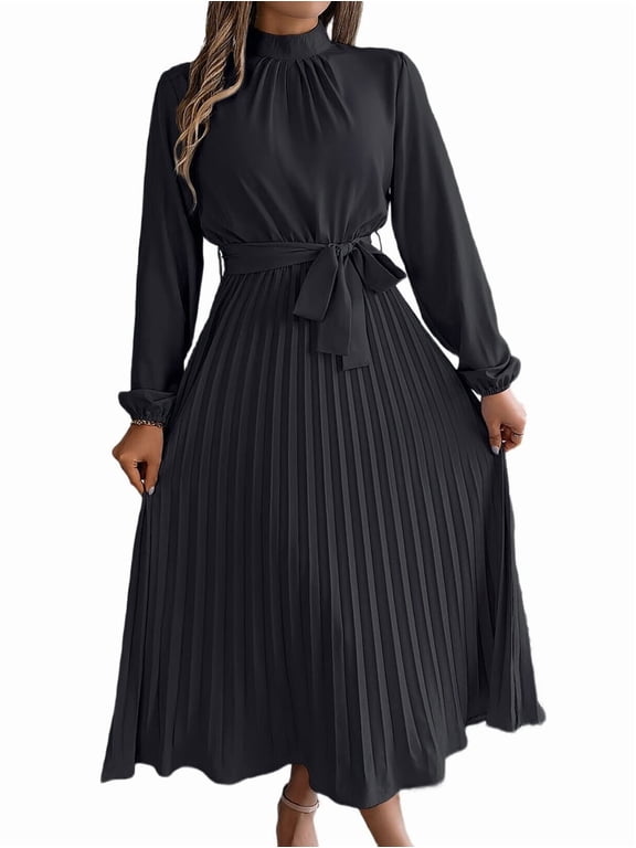 Women'S Long Sleeve Pleated Dress Casual Semi Formal Church Dress Mock Neck A Line Flowy Midi Dresses with Belt
