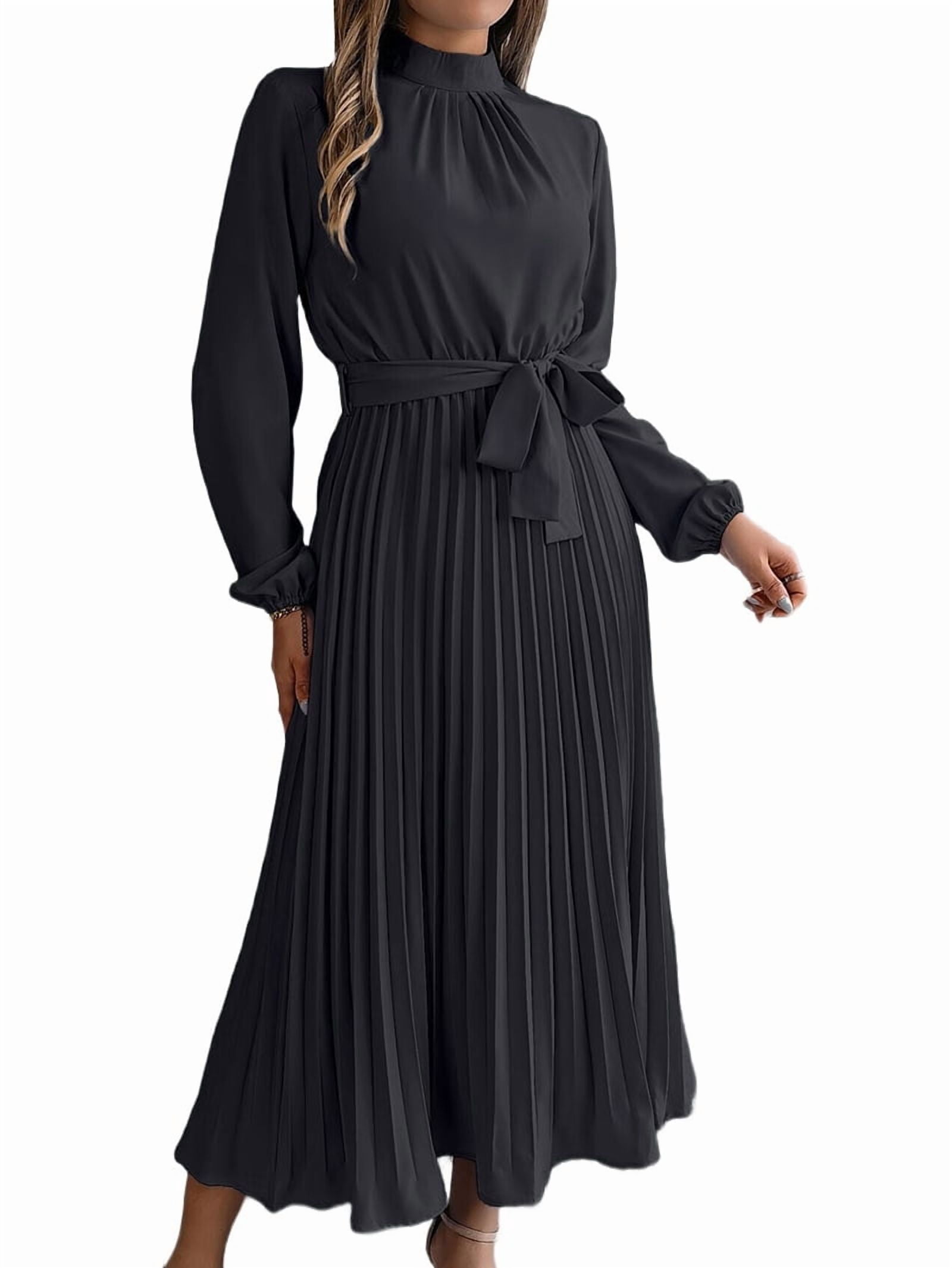 semi formal church dresses Women'S Long Sleeve Pleated Dress Casual Dress Mock Neck A Line Flowy Midi with Belt blue wedding suits and tuxedos