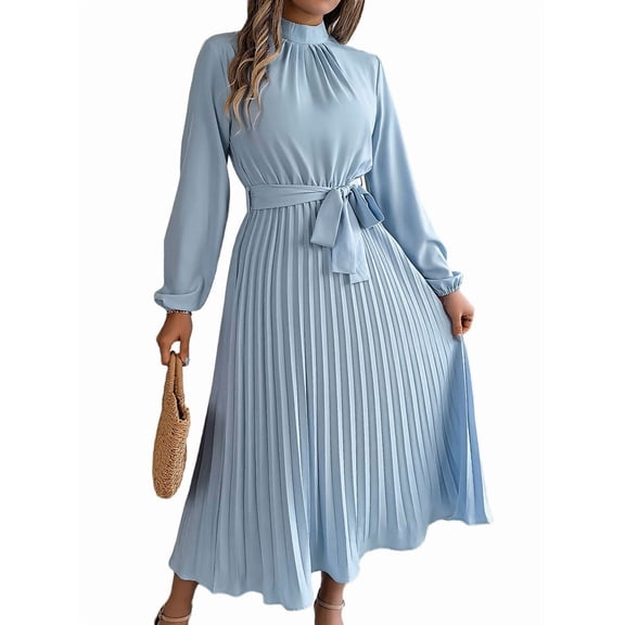Women'S Long Sleeve Pleated Dress Casual Semi Formal Mock Neck A Line Flowy Midi Dresses with Belt Light Blue XL
