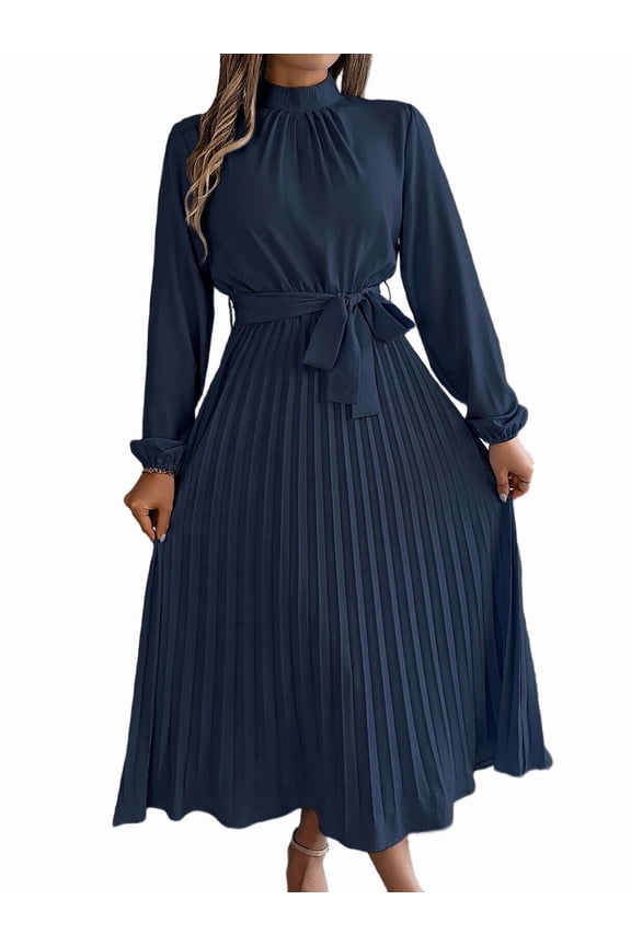 Women'S Long Sleeve Pleated Dress Casual Semi Formal Mock Neck A Line Flowy Midi Dresses with Belt Navy Blue L