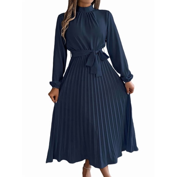 Women'S Long Sleeve Pleated Dress Casual Semi Formal Mock Neck A Line Flowy Midi Dresses with Belt Navy Blue M