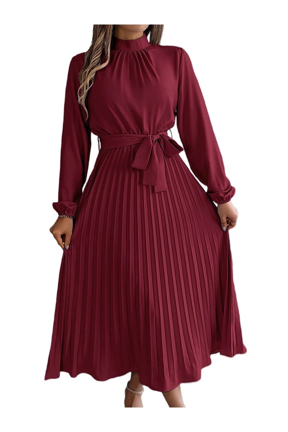 Women'S Long Sleeve Pleated Dress Casual Semi Formal Mock Neck A Line Flowy Midi Dresses with Belt Wine Red M