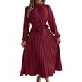 thumbnail image 1 of Women'S Long Sleeve Pleated Dress Casual Semi Formal Mock Neck A Line Flowy Midi Dresses with Belt Wine Red XL, 1 of 9