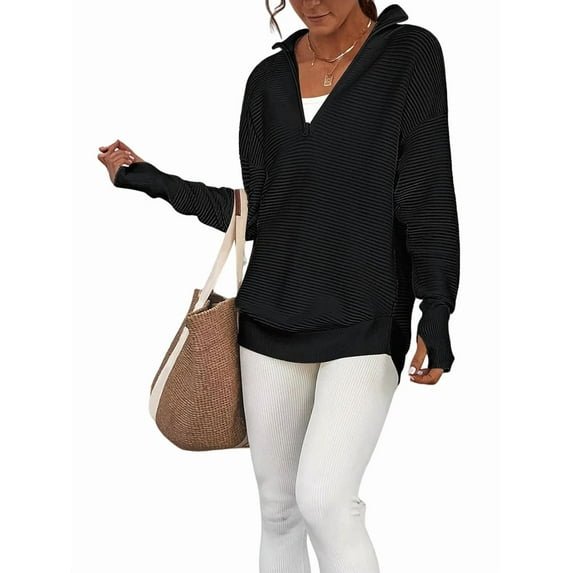 Women'S Long Sleeve Quarter Zip Pullover Sweater Casual Loose V Neck Collared Ribbed Knit Tops Black L