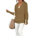 thumbnail image 1 of Women'S Long Sleeve Quarter Zip Pullover Sweater Casual Loose V Neck Collared Ribbed Knit Tops Brown M, 1 of 8