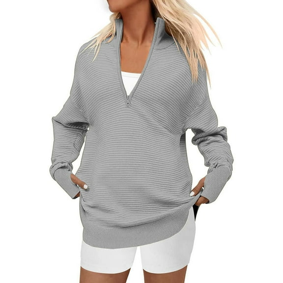 Women'S Long Sleeve Quarter Zip Pullover Sweater Casual Loose V Neck Collared Ribbed Knit Tops Light Gray L