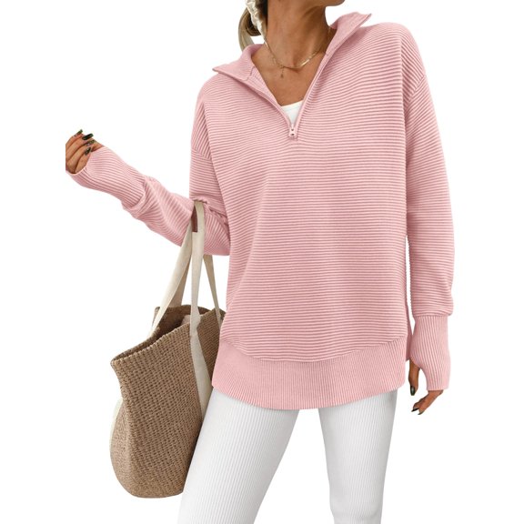 Women'S Long Sleeve Quarter Zip Pullover Sweater Casual Loose V Neck Collared Ribbed Knit Tops Pink M