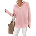thumbnail image 1 of Women'S Long Sleeve Quarter Zip Pullover Sweater Casual Loose V Neck Collared Ribbed Knit Tops Pink XL, 1 of 7