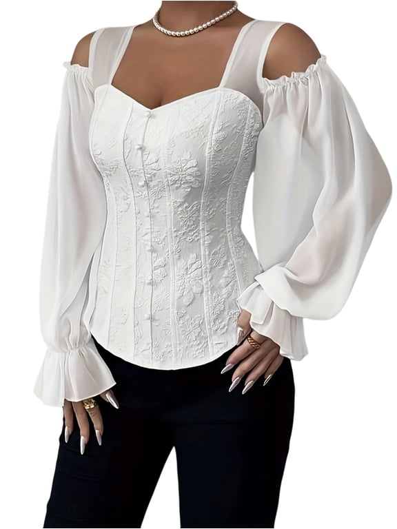 Women'S Long Sleeve Renaissance Corset Tops, Overbust Bustier Lace Top with Belt for Going Out White XL