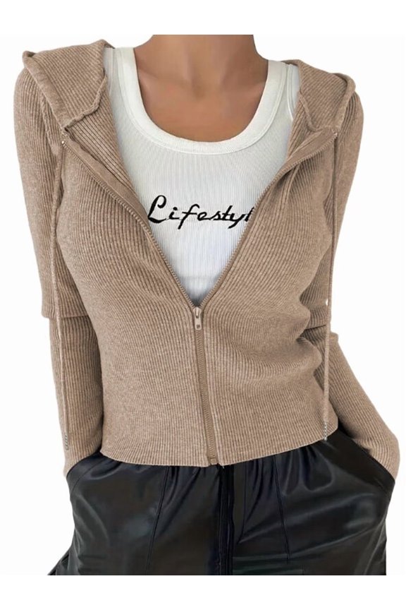 Women'S Long Sleeve Ribbed Knit Cardigan Drawstring Fitted Hooded Sweaters Fall Clothes Trendy Apricot Color M