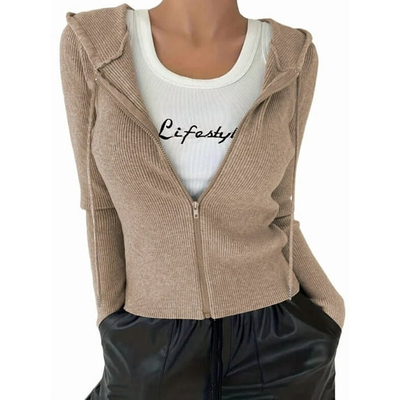 Women'S Long Sleeve Ribbed Knit Cardigan Drawstring Fitted Hooded Sweaters Fall Clothes Trendy Apricot Color XXL