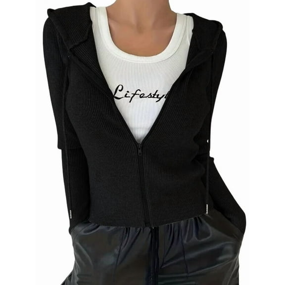 Women'S Long Sleeve Ribbed Knit Cardigan Drawstring Fitted Hooded Sweaters Fall Clothes Trendy Black XXL