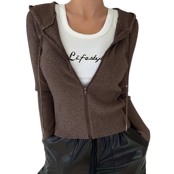Women'S Long Sleeve Ribbed Knit Cardigan Drawstring Fitted Hooded Sweaters Fall Clothes Trendy Brown S