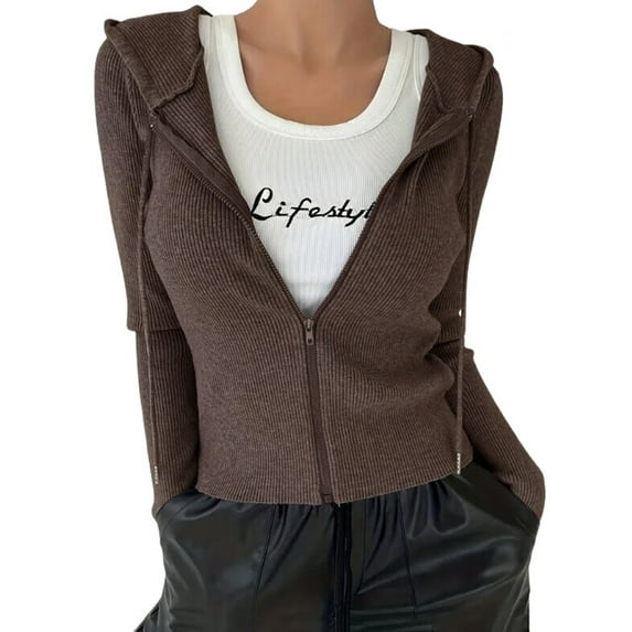 Women'S Long Sleeve Ribbed Knit Cardigan Drawstring Fitted Hooded Sweaters Fall Clothes Trendy Brown XL
