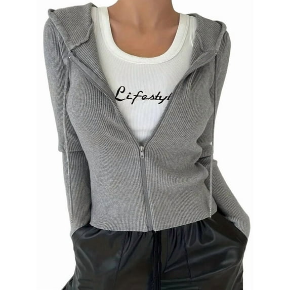 Women'S Long Sleeve Ribbed Knit Cardigan Drawstring Fitted Hooded Sweaters Fall Clothes Trendy Gray M