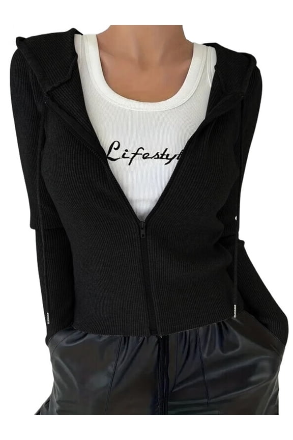 Women'S Long Sleeve Ribbed Knit Cardigan Drawstring Fitted Hooded Sweaters Fall Clothes Trendy