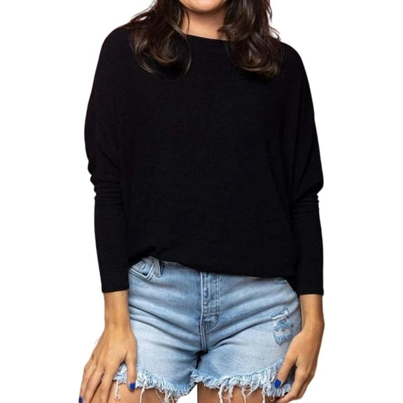 Women'S Long Sleeve Round Neck Soft Basic Batwing Sleeve Knitted Loose Pullover Autumn Fashion Clothing Black M