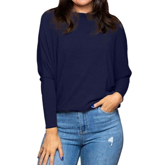Women'S Long Sleeve Round Neck Soft Basic Batwing Sleeve Knitted Loose Pullover Autumn Fashion Clothing Dark Blue XXL