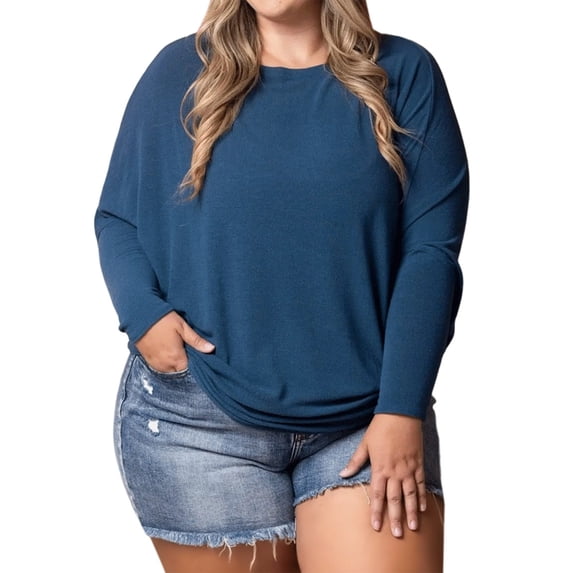 Women'S Long Sleeve Round Neck Soft Basic Batwing Sleeve Knitted Loose Pullover Autumn Fashion Clothing Navy Blue XXXL