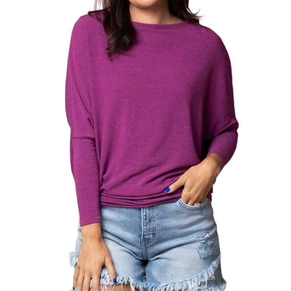Women'S Long Sleeve Round Neck Soft Basic Batwing Sleeve Knitted Loose Pullover Autumn Fashion Clothing Purple L