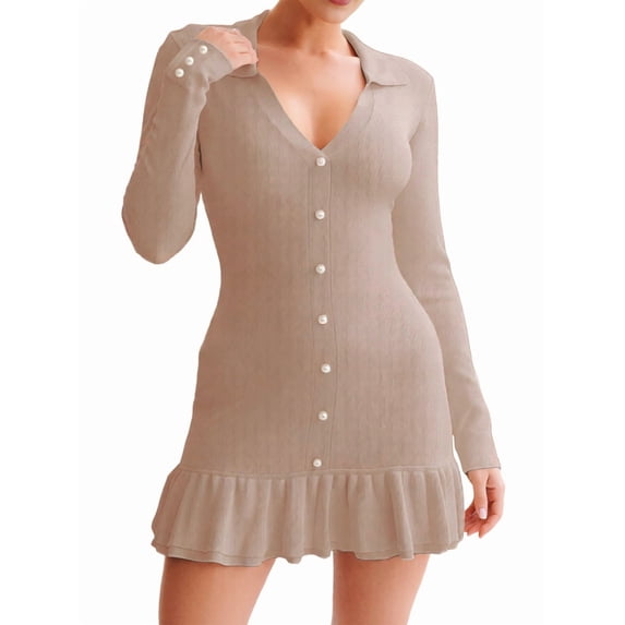 Women'S Long Sleeve Ruffle Hem Knit Sweater Dress Collared Back Tie Knot Cut Out Mini Bodycon Dress Khaki M