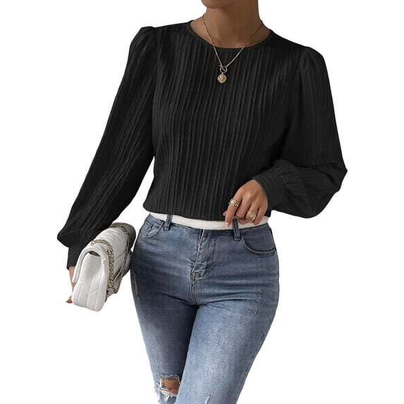 Women'S Long Sleeve Scoop Neck Pleated Front Fitted Blouse Tops Black XL