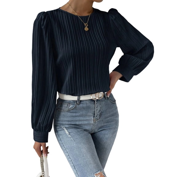 Women'S Long Sleeve Scoop Neck Pleated Front Fitted Blouse Tops Dark Blue L
