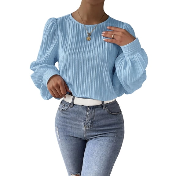 Women'S Long Sleeve Scoop Neck Pleated Front Fitted Blouse Tops L