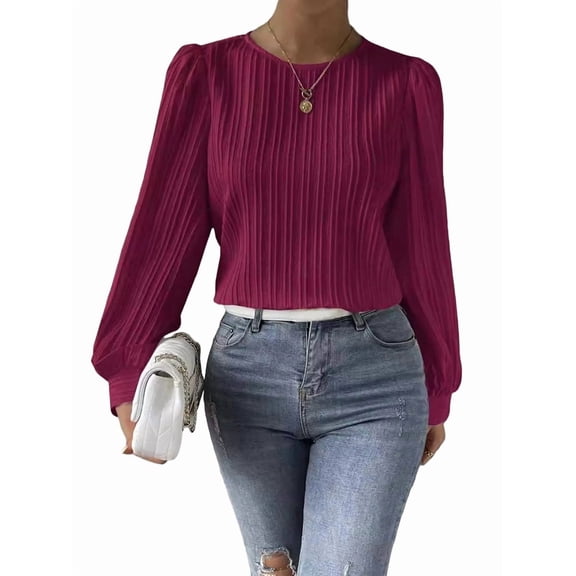 Women'S Long Sleeve Scoop Neck Pleated Front Fitted Blouse Tops Rose Red S