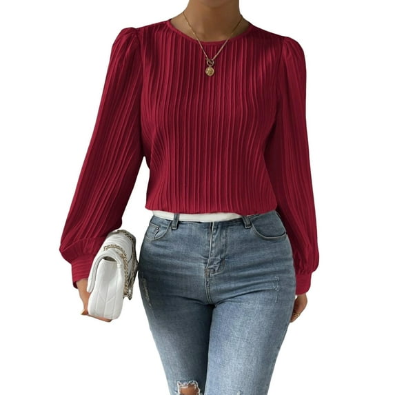 Women'S Long Sleeve Scoop Neck Pleated Front Fitted Blouse Tops Wine Red M