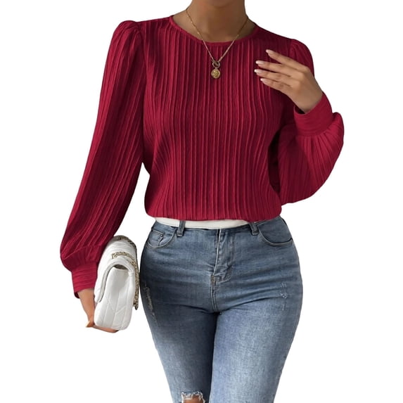 Women'S Long Sleeve Scoop Neck Pleated Front Fitted Blouse Tops Wine Red XXL