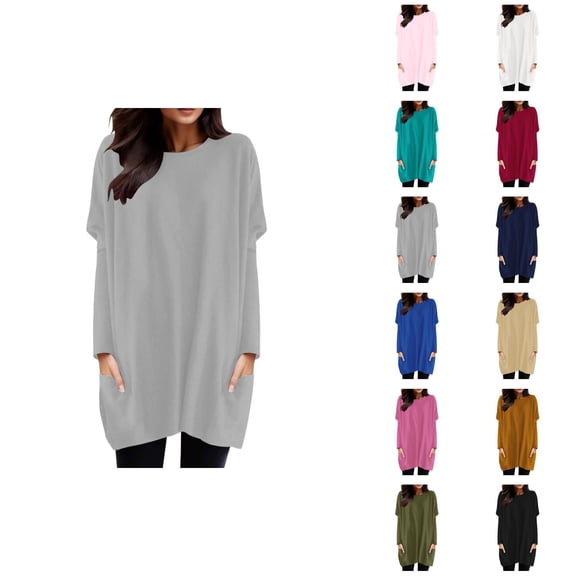 Women'S Long Sleeve Shirt Dress 2026 Casual Crewneck Pullover Tops with Pockets Mini Dresses Long Tshirts