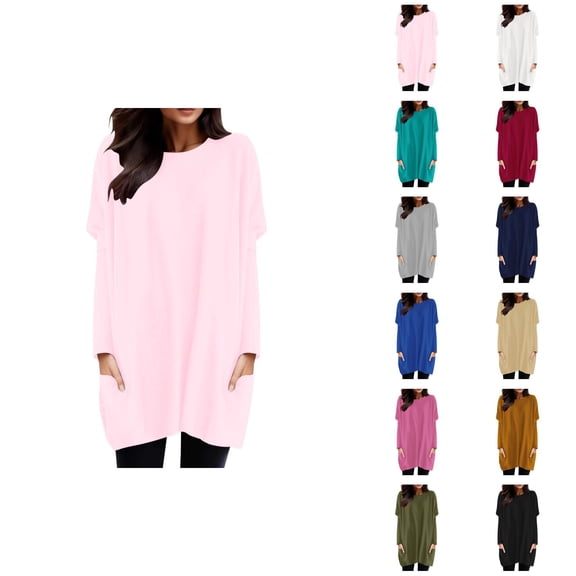 Women'S Long Sleeve Shirt Dress 2026 Casual Crewneck Pullover Tops with Pockets Mini Dresses Long Tshirts