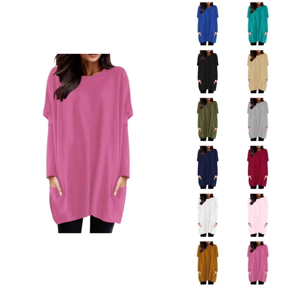Women'S Long Sleeve Shirt Dress 2026 Fashion Crewneck Pullover Tops Long Tshirts with Pockets Mini Dresses