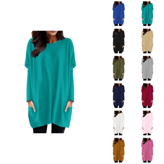 Women'S Long Sleeve Shirt Dress 2026 Fashion Crewneck Pullover Tops Long Tshirts with Pockets Mini Dresses