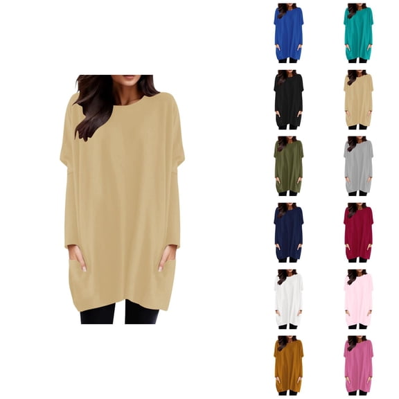 Women'S Long Sleeve Shirt Dress 2026 Fashion Crewneck Pullover Tops Long Tshirts with Pockets Mini Dresses