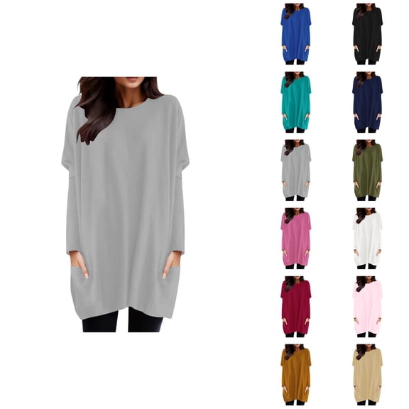 Women'S Long Sleeve Shirt Dress 2026 Fashion Crewneck Pullover Tops with Pockets Long Tshirts Mini Dresses